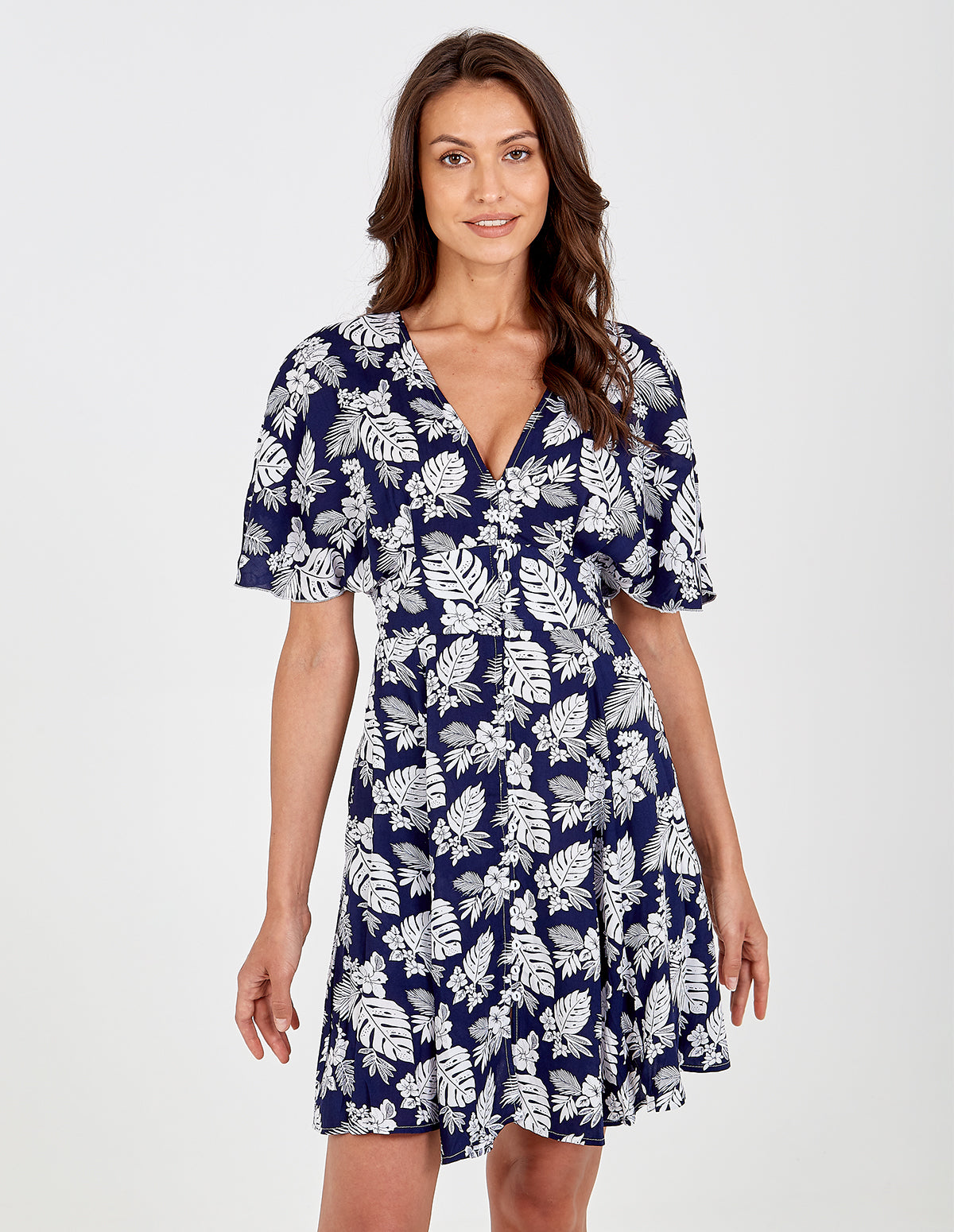 Button Through Tropical Print Dress 