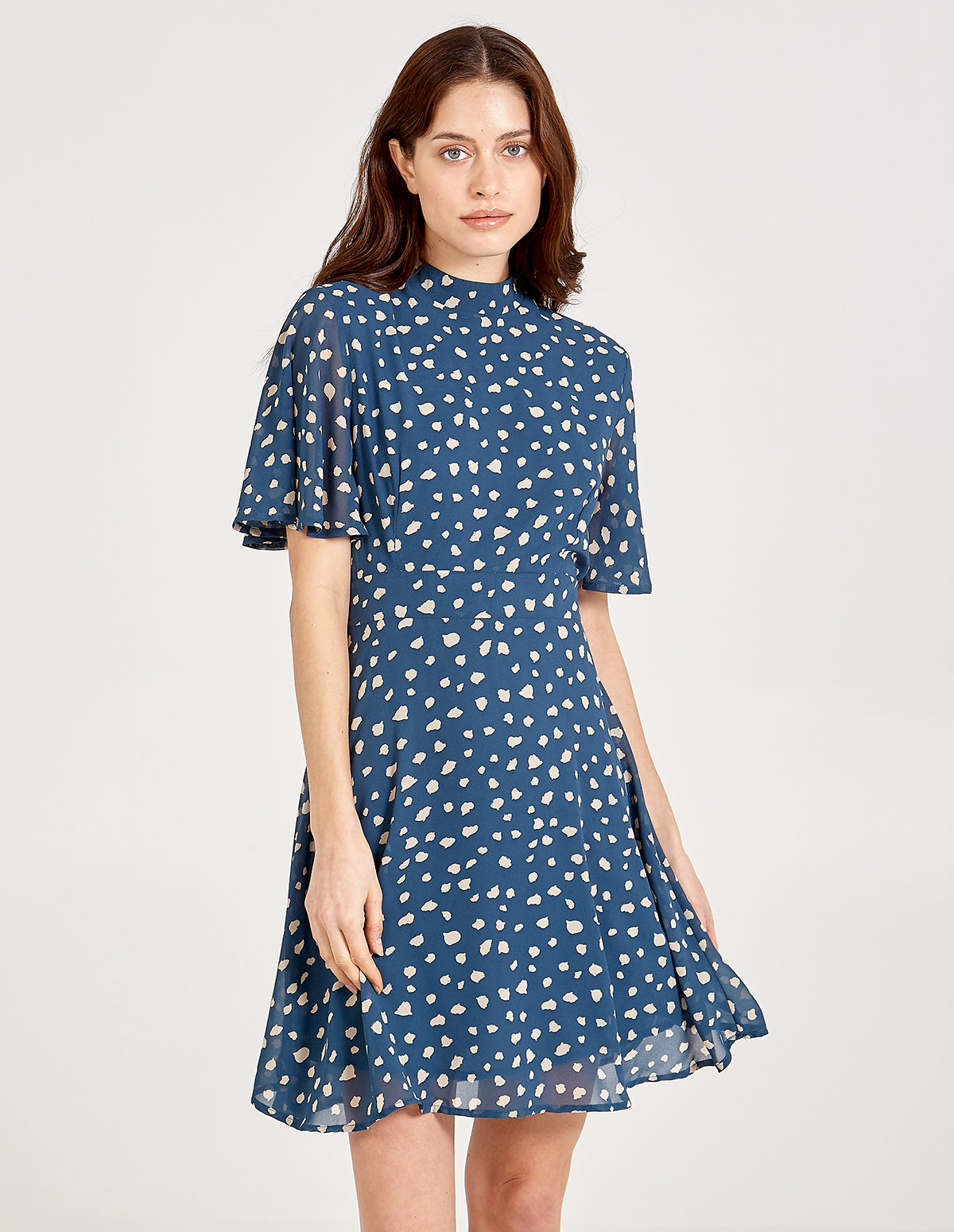 Angel Sleeve High Neck Fit & Flare Dress - 16 / Denim