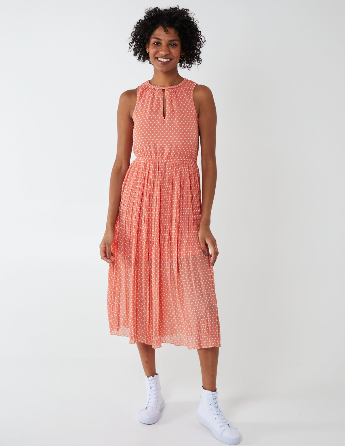 Keyhole Tie Back Polka Pleat Midi Dress 