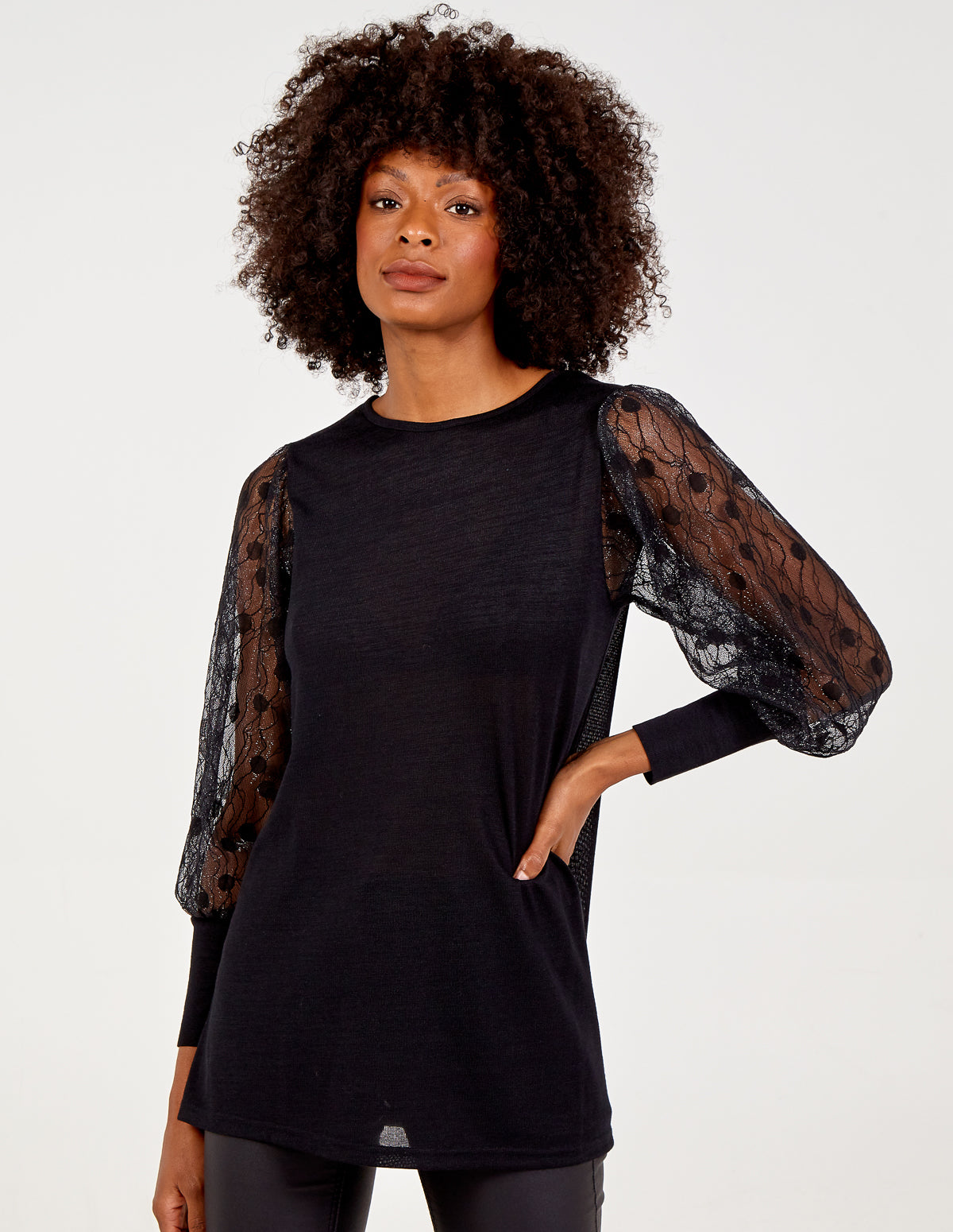 DARCEY - Square Neck Lace Long Sleeve Top - M / BLACK