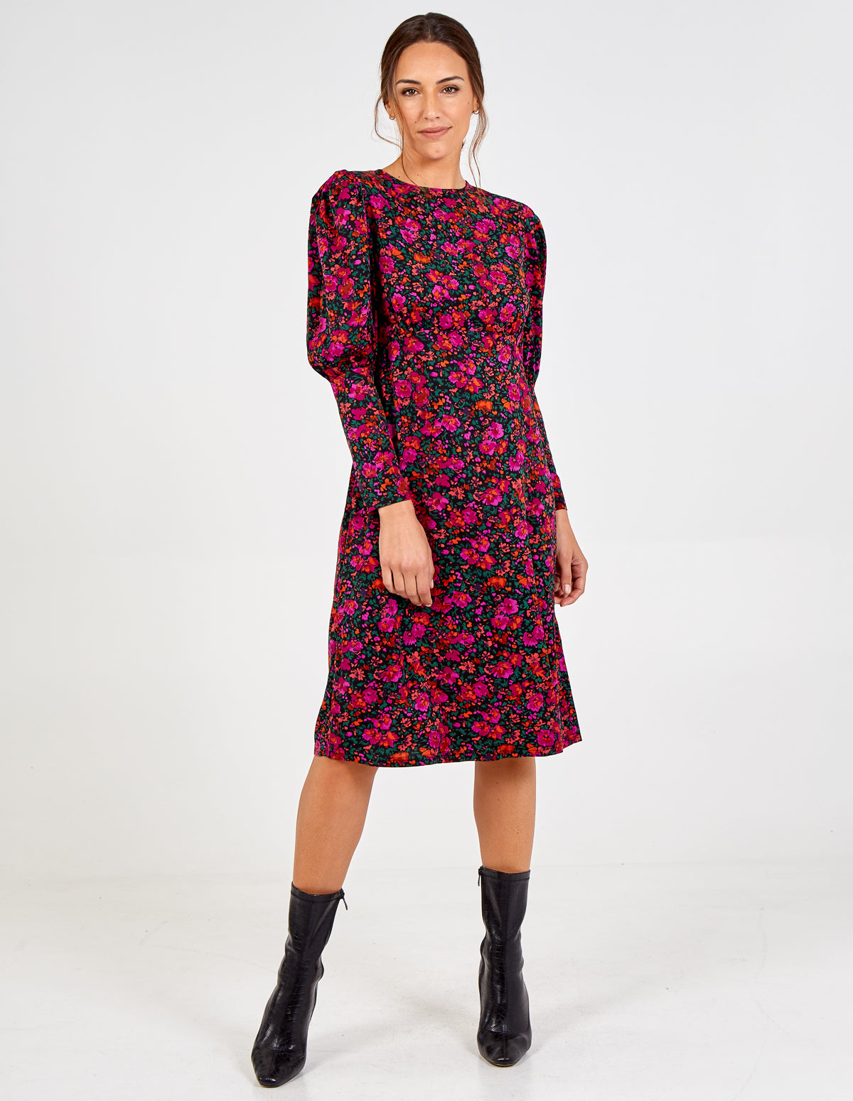 LAURA - Floral Print Contrast Sleeve Midi Dress - 14 / BLACK