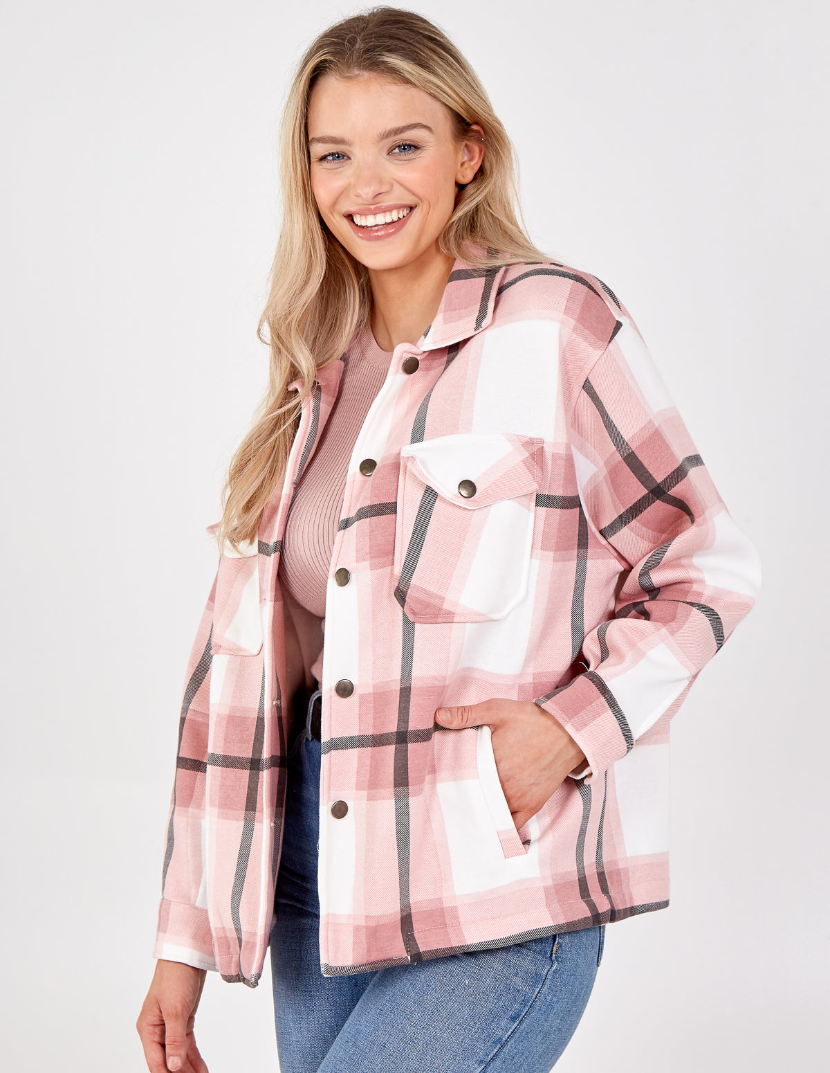 CADI - Check Pocket Front Shacket - L / PINK