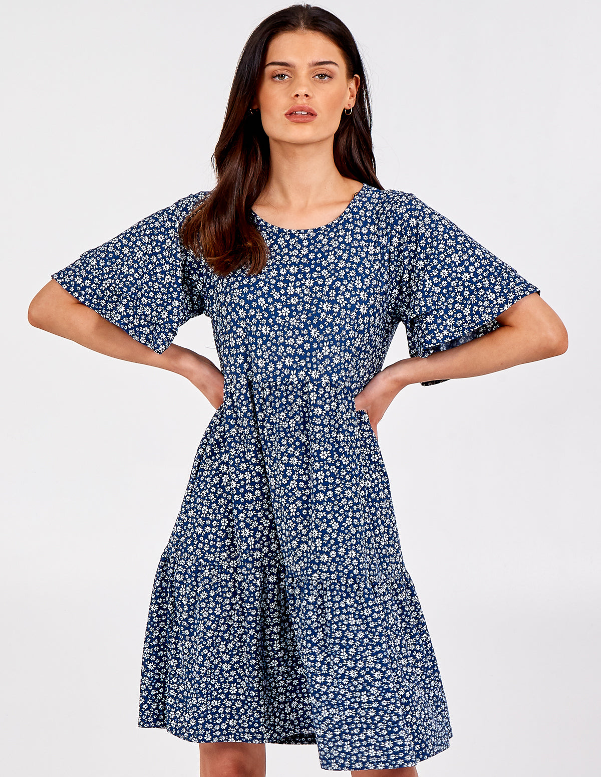 SAMANTHA - Double Frill Sleeve Smock Dress - M / NAVY