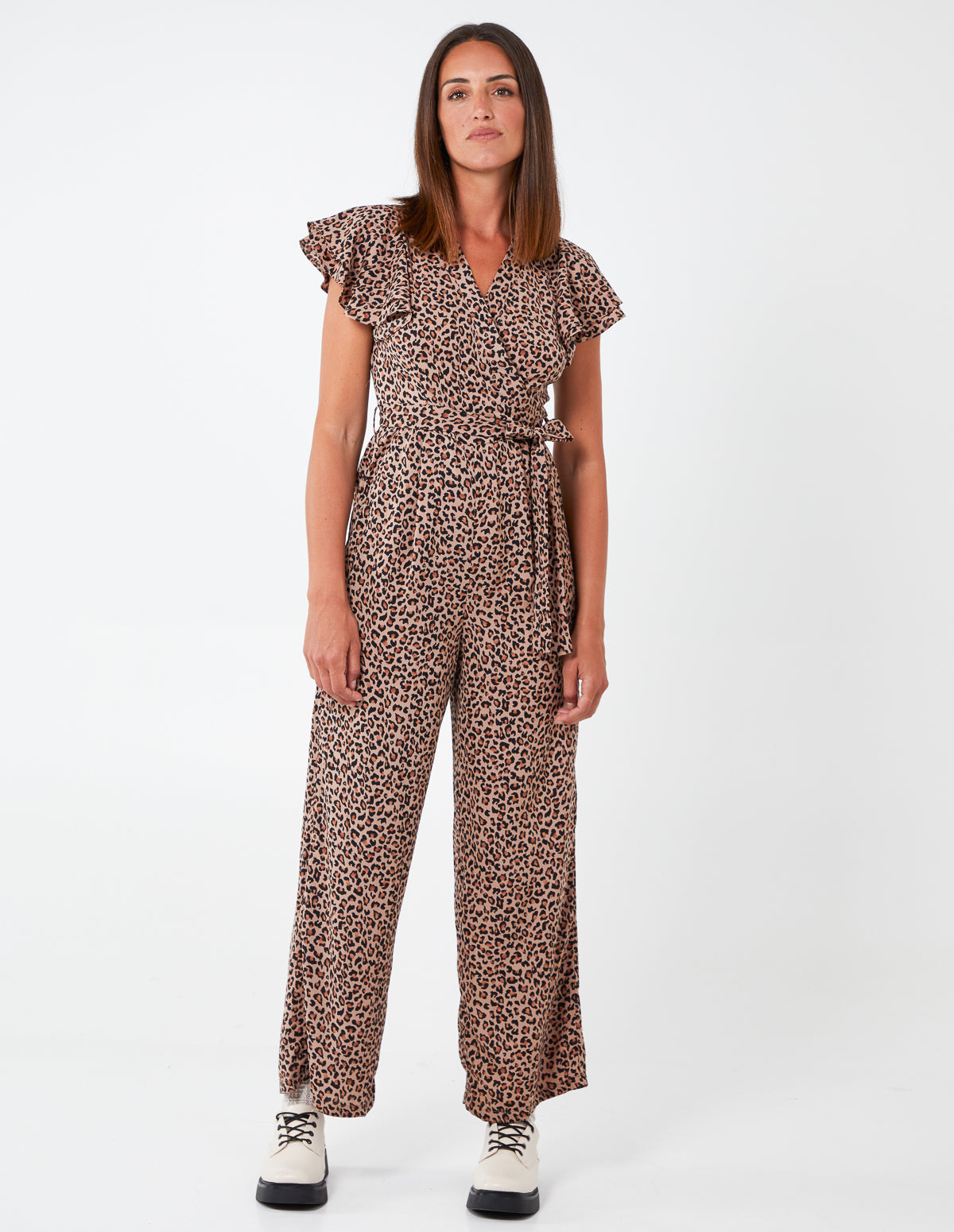 ZARINE - Leopard Print Wrap Front Jumpsuit - 10 / BROWN