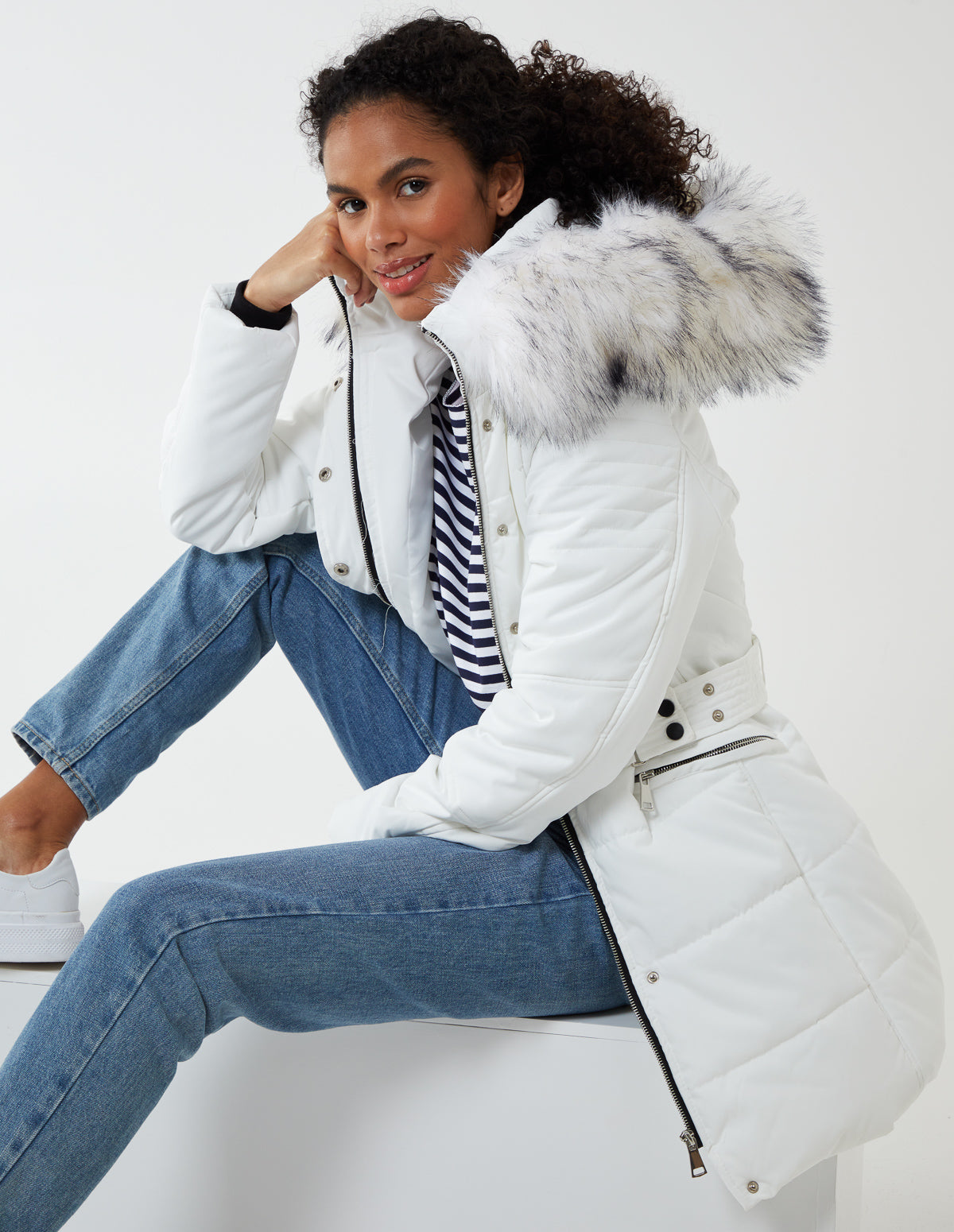 Belt Detail Faux Fur Hood Puffer Coat 