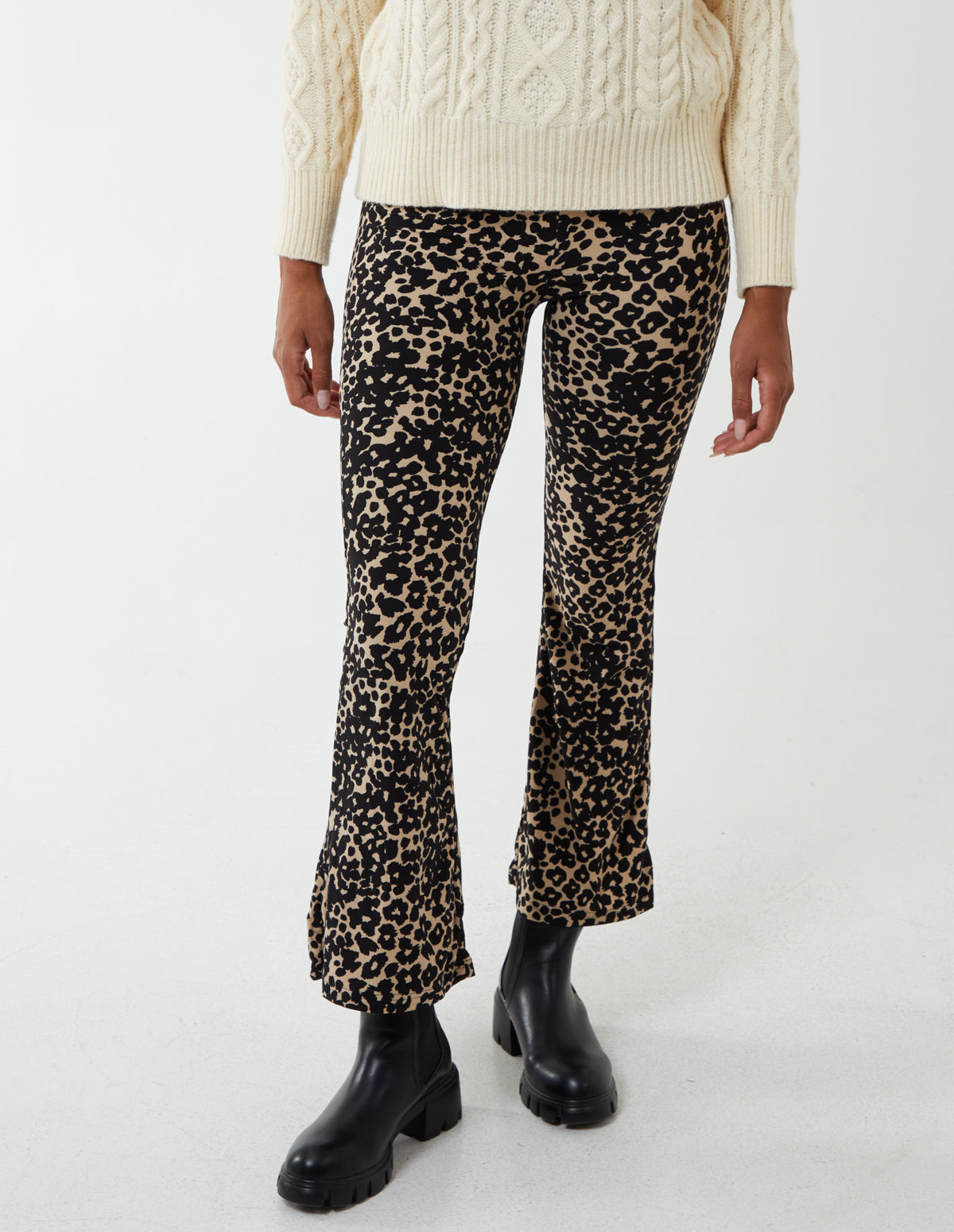 Leopard Print Flared Pants - S / STONE