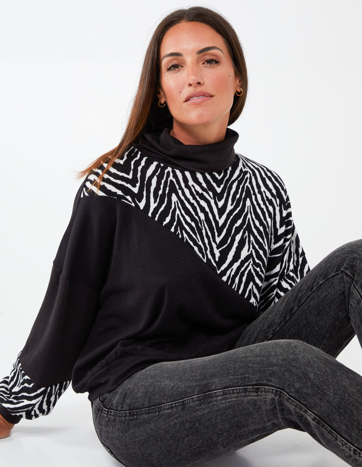 Zebra Pattern Block Roll Neck Top 