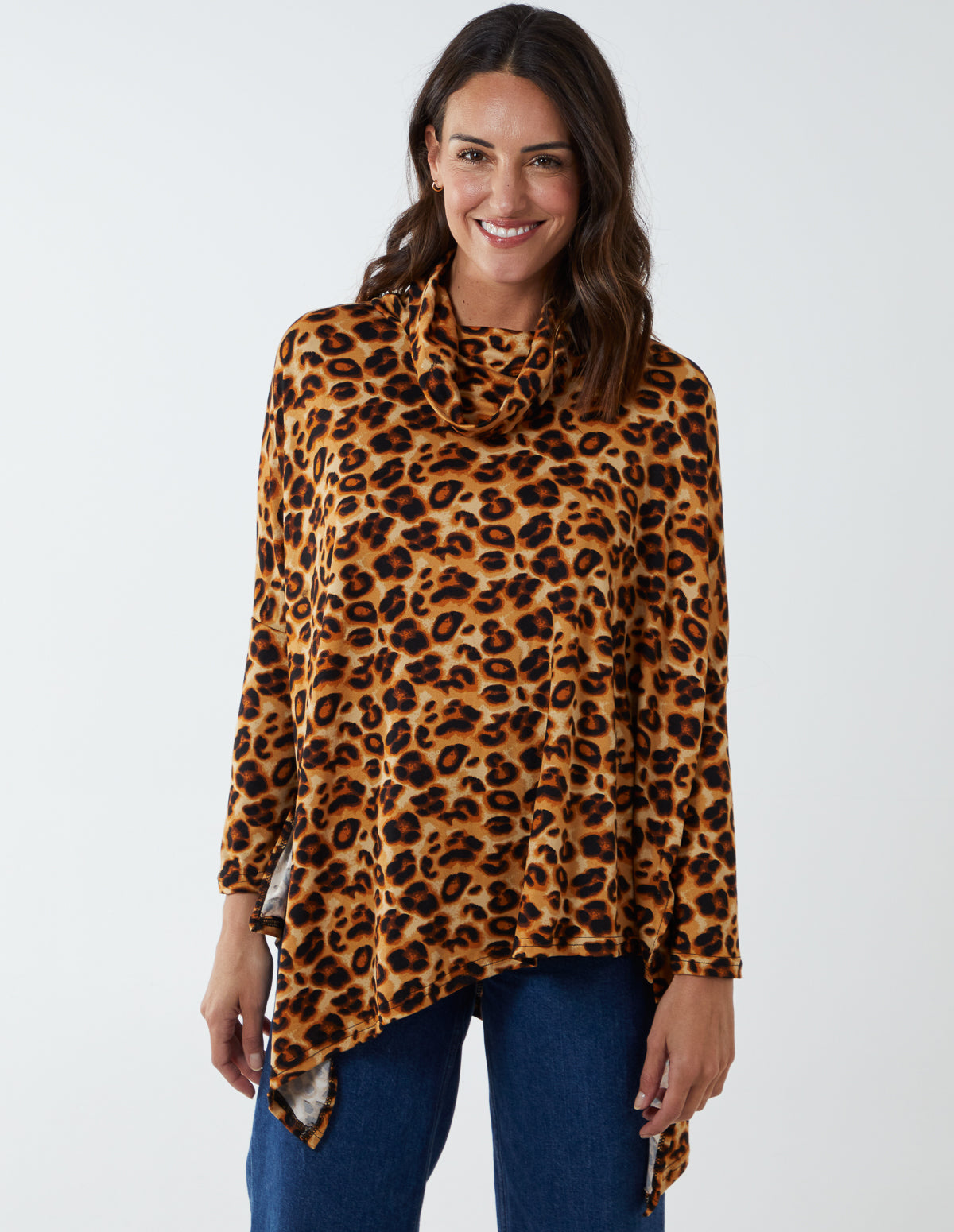 TILLIE - Leopard Asymmetric Cowl Neck Top 