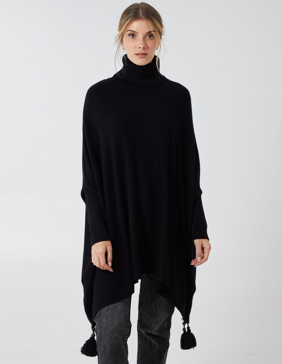 SUMAYA - Beaded Tassel Roll Neck Poncho 