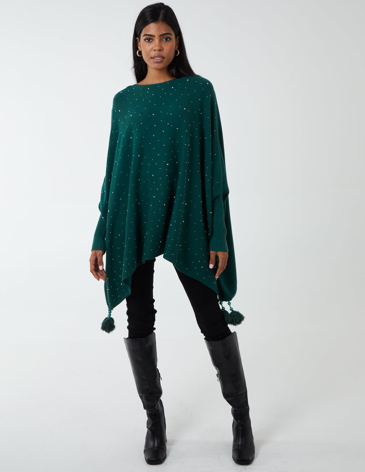 Diamante Heatseal Tassel Oversized Poncho 