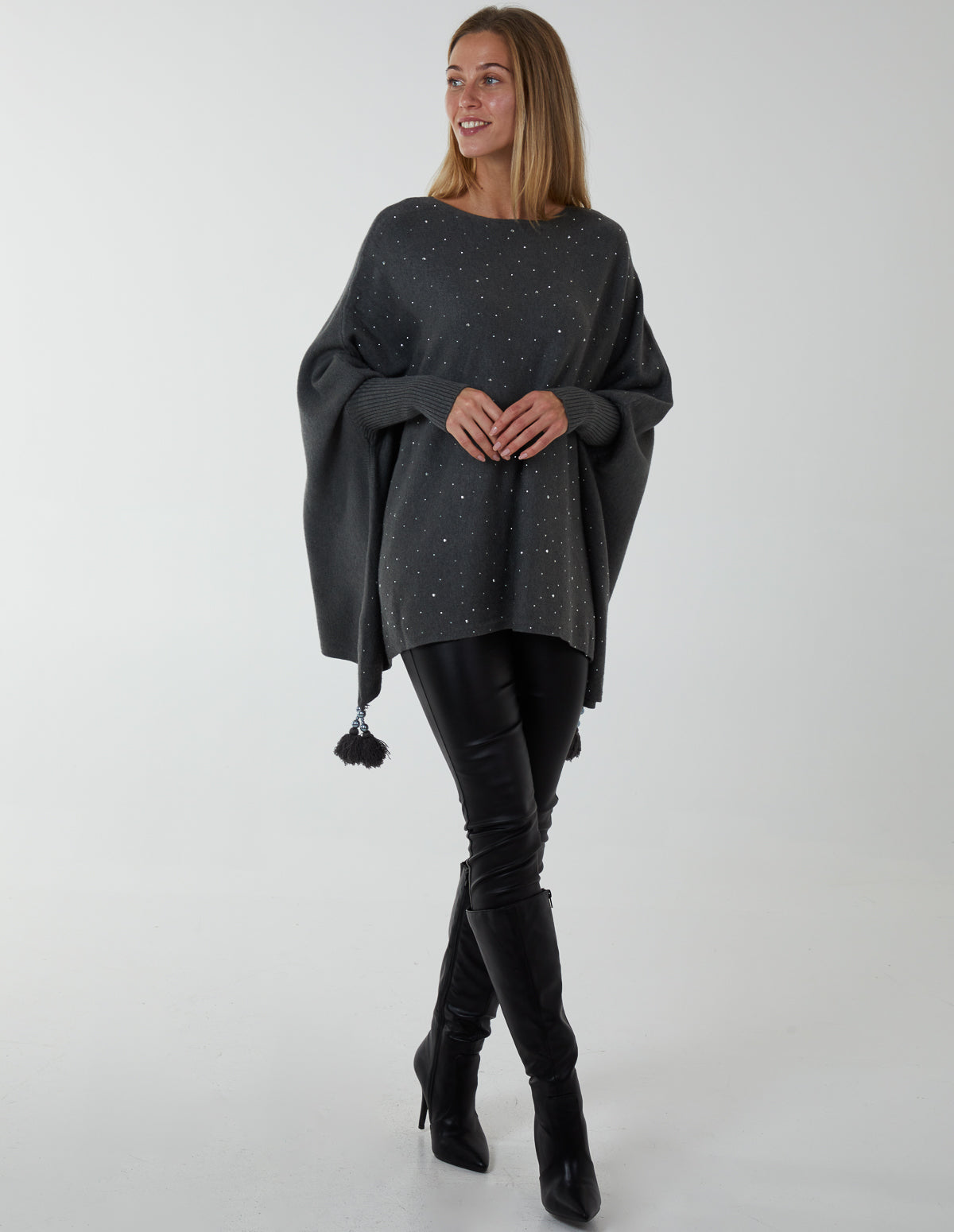 Diamante Heatseal Tassel Oversized Poncho 