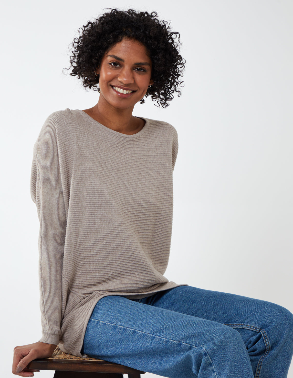 GRACEY - Asymmetric Hem Ribbed Batwing Jumper - S-M / TAUPE