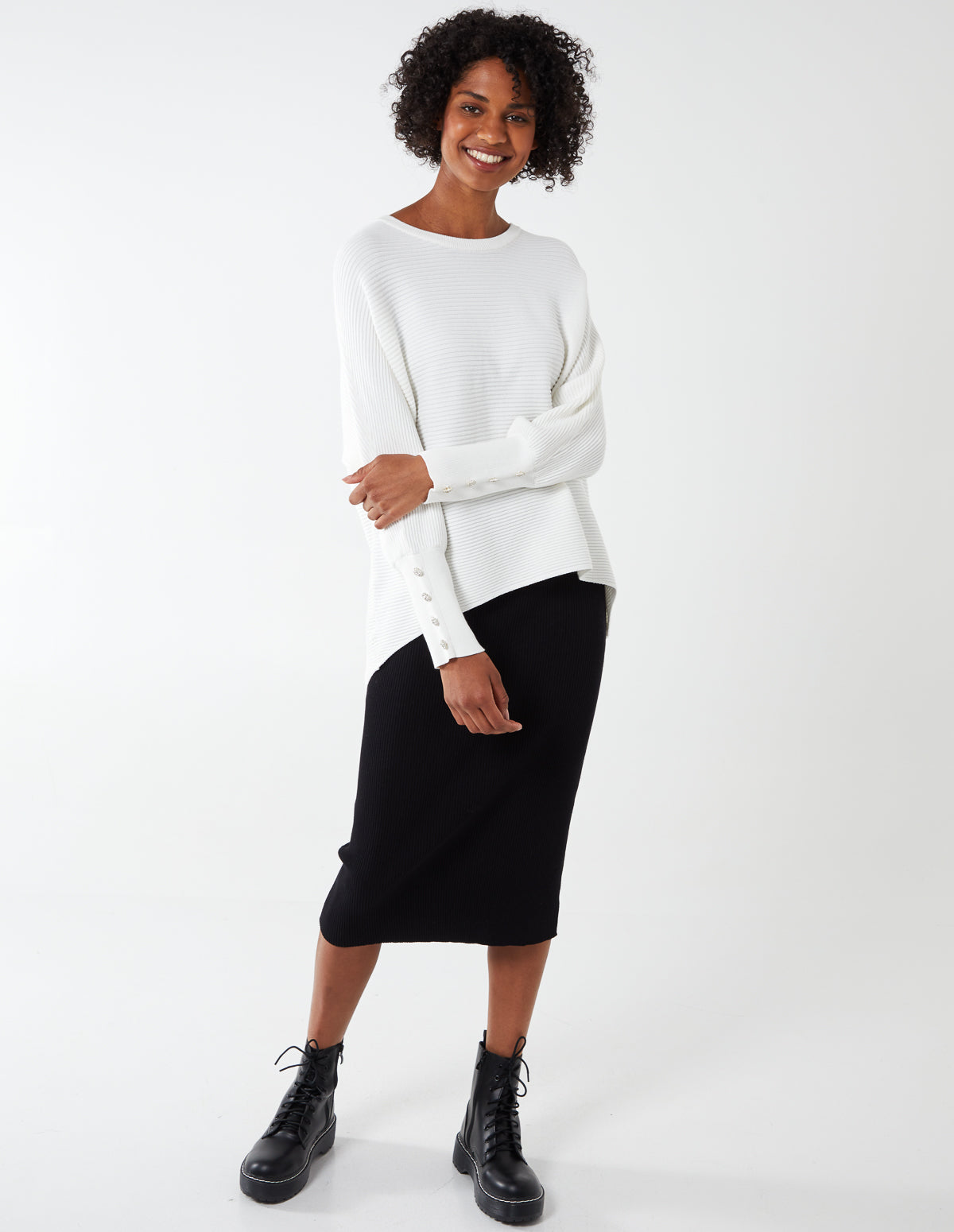 Jewel Button Cuff Ribbed Batwing Jumper 