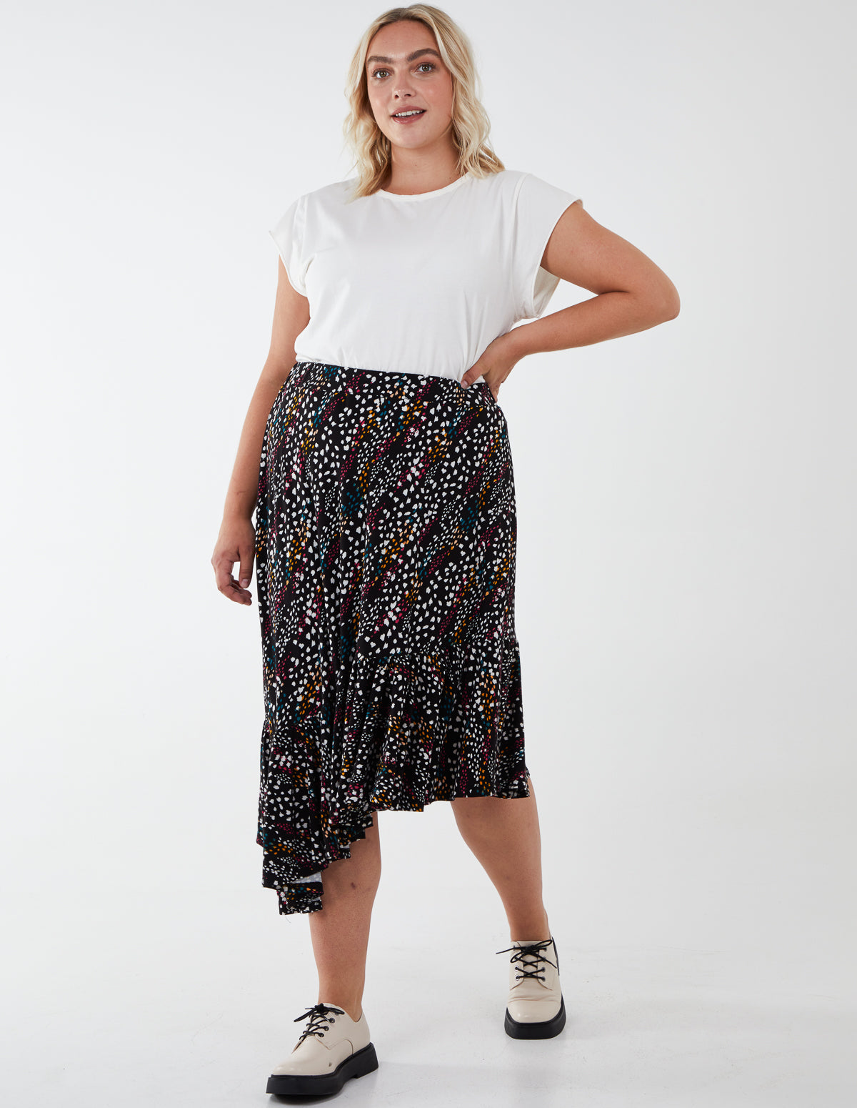 MARIE - Curve Asymmetric Hem Midi Skirt 