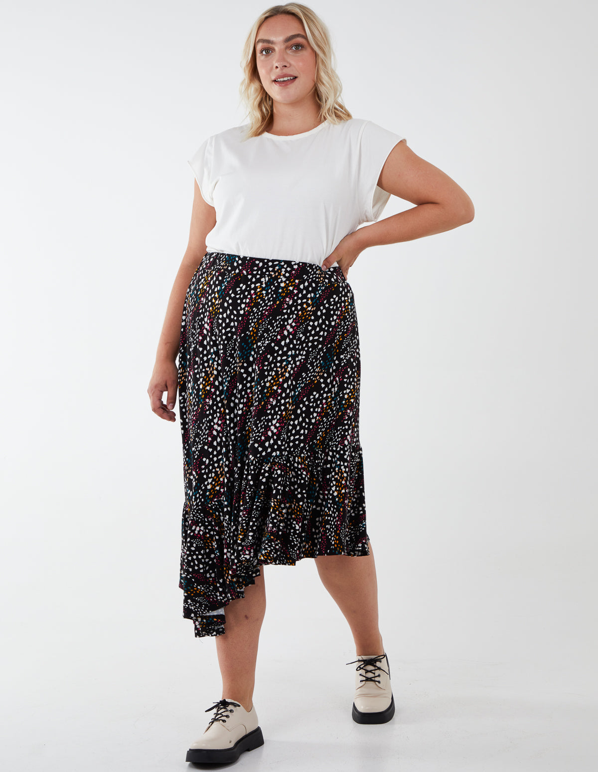 Curve Asymmetric Hem Midi Skirt 