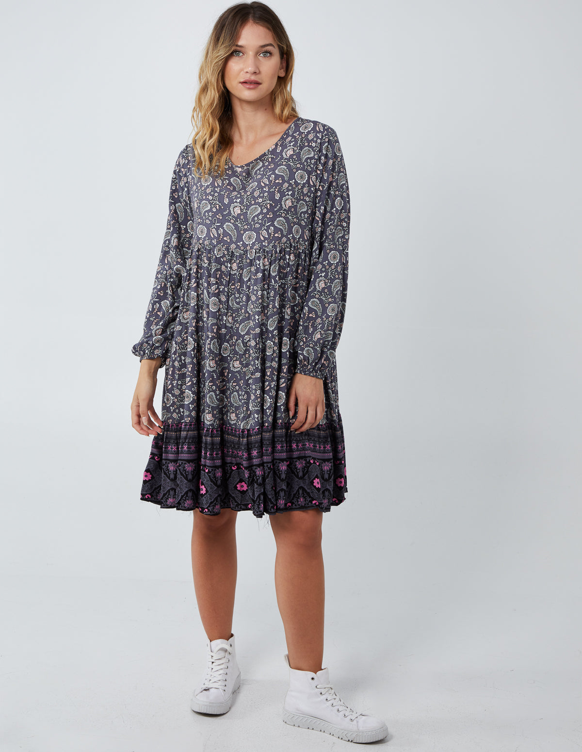 MARISA - Paisley Long Sleeve Smock Dress 