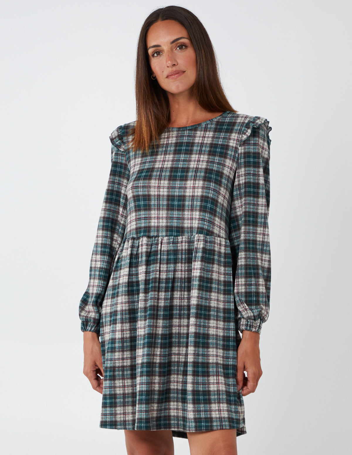 Frill Shoulder Check Smock Dress 