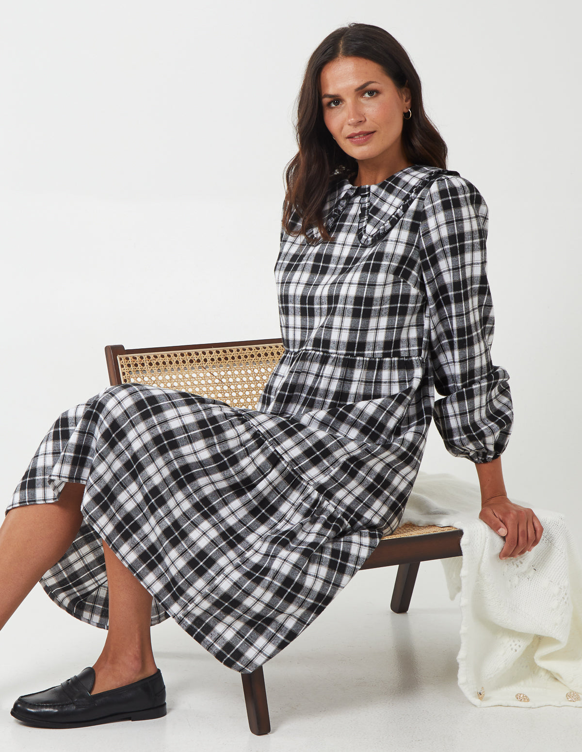 Frill Collar Long Sleeve Check Midi Dress 