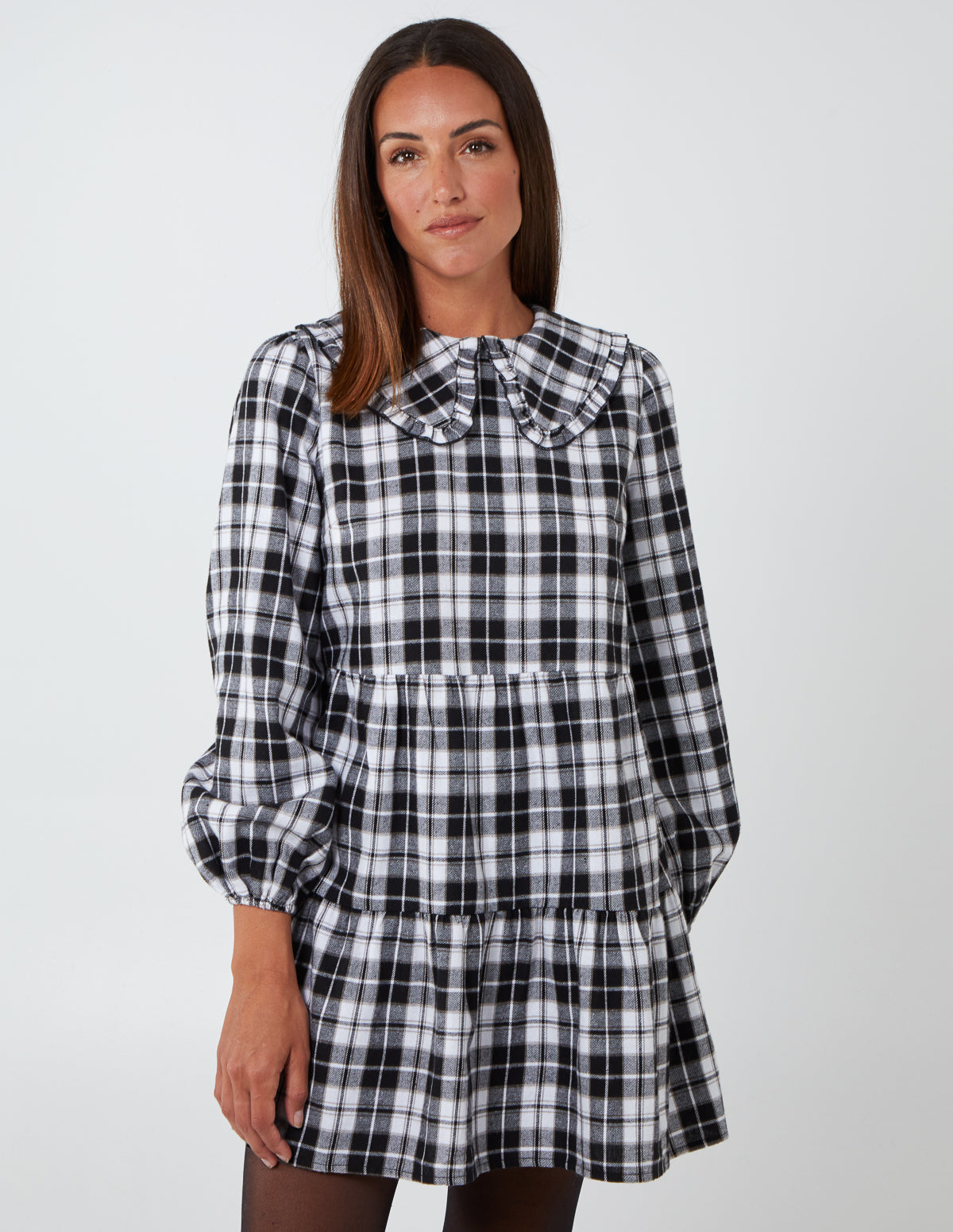 Frill Collar Check Smock Dress - 12 / BLACK/WHITE