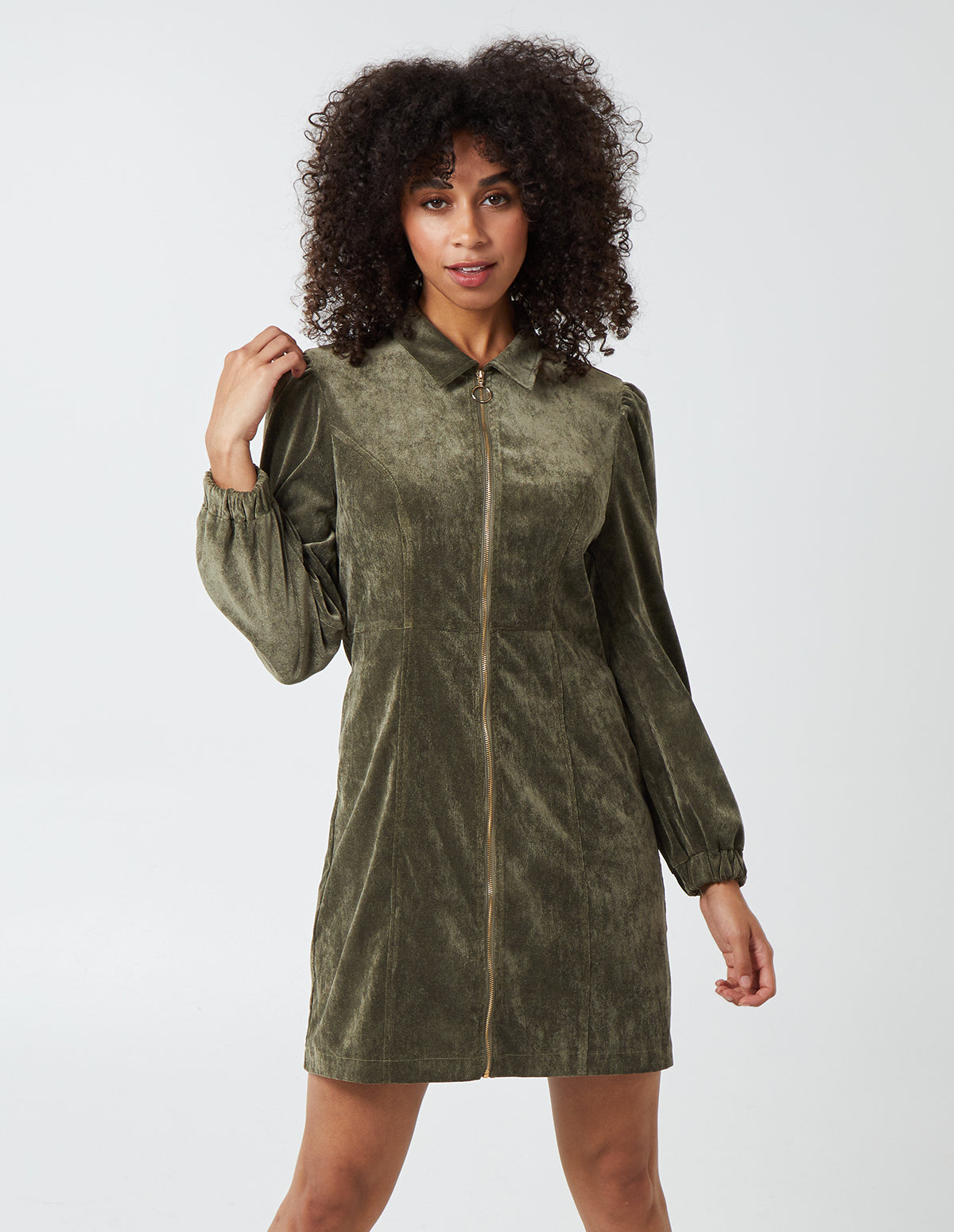 LARA - Long Sleeve Front Zip Cord Dress - 8 / KHAKI