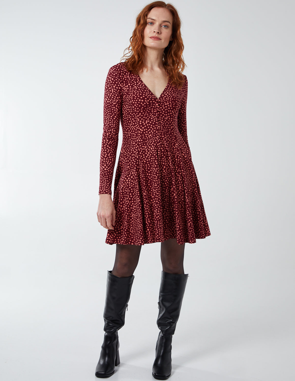 Abstract Spot Button Front Fit & Flare Dress 