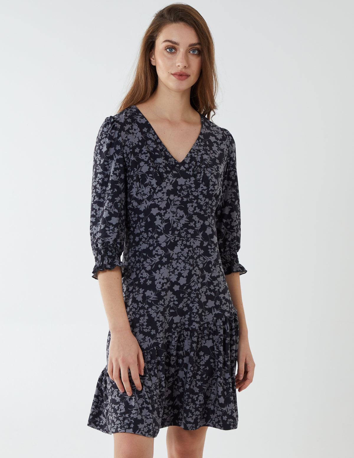 MADELINE - V Neck Floral Tea Dress - 8 / CHARCOAL