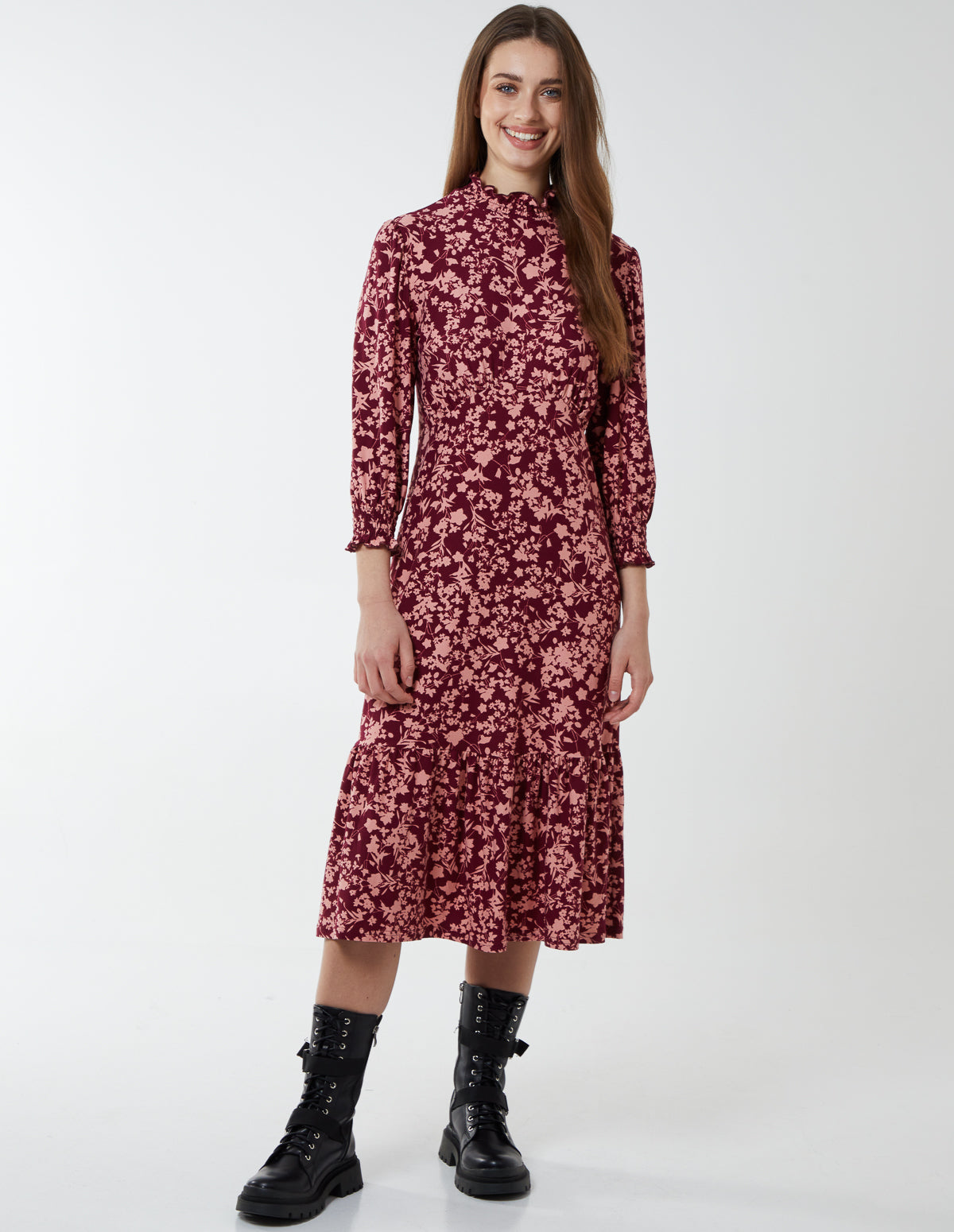 JADIE - Floral Shirring Details Midi Dress - 8 / BURGUNDY