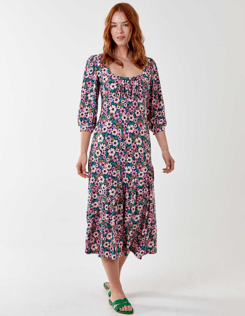 MARIYAH - Floral Ruched Front Midi Dress - 10 / Navy/Pink