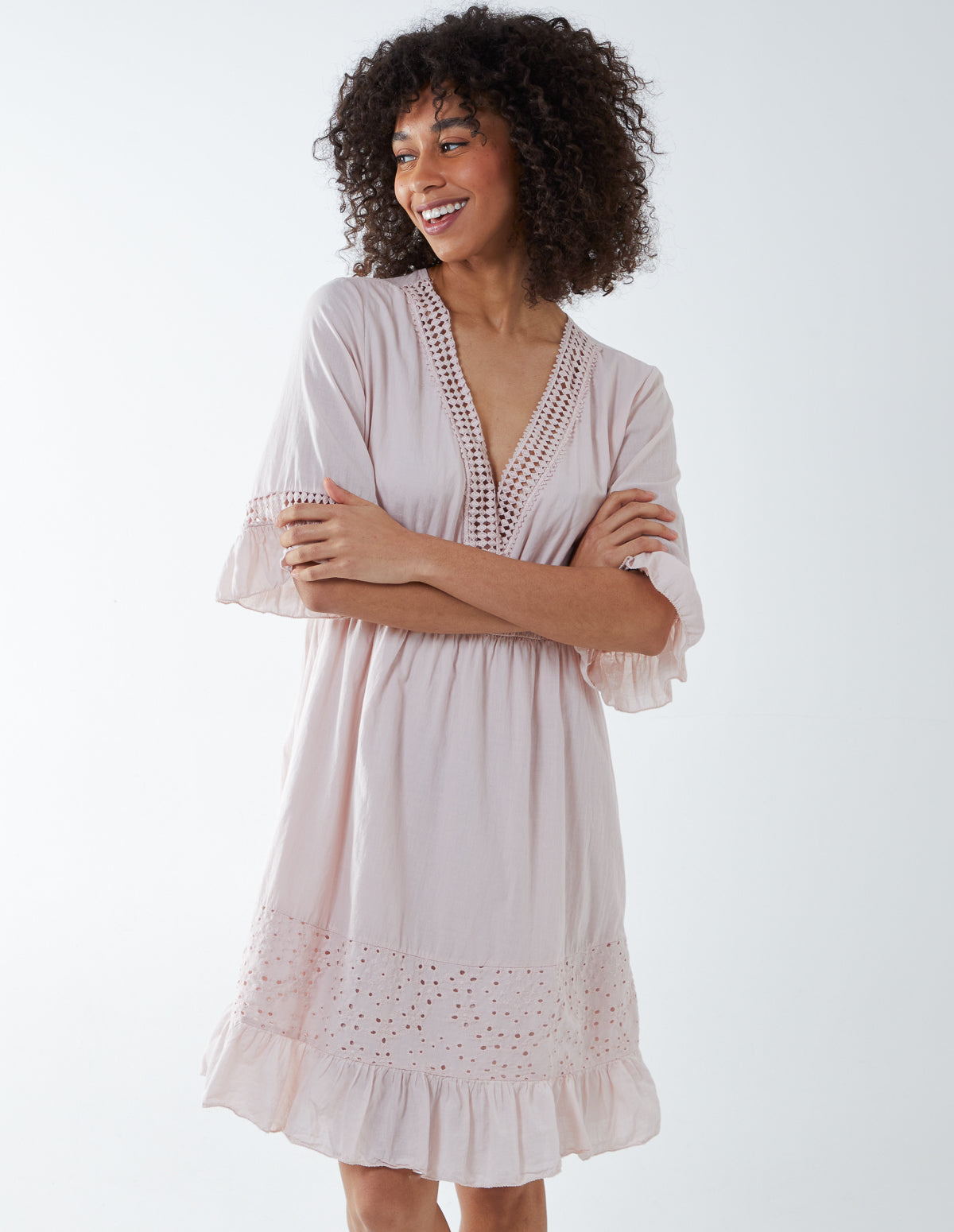 Embroidery Frill Sleeve & Hem Dress 