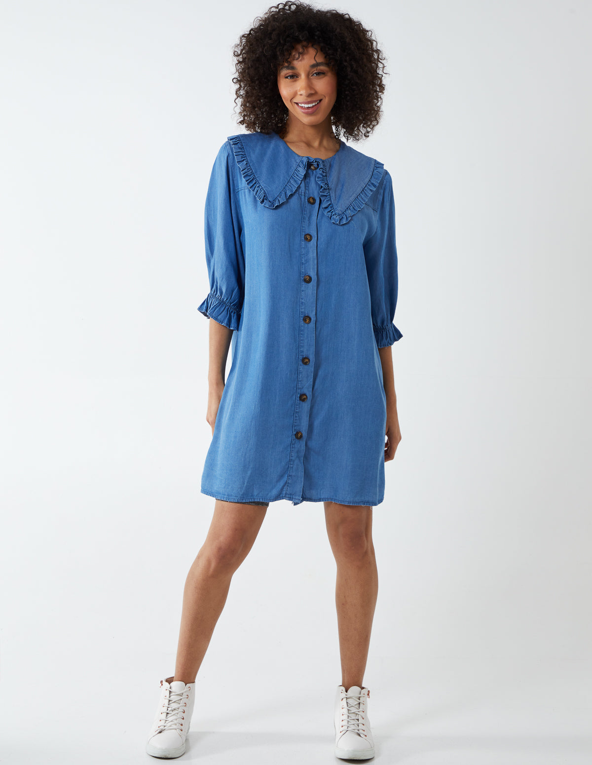 BEAU - Collar Frill Sleeve Button Front Mini Dress 