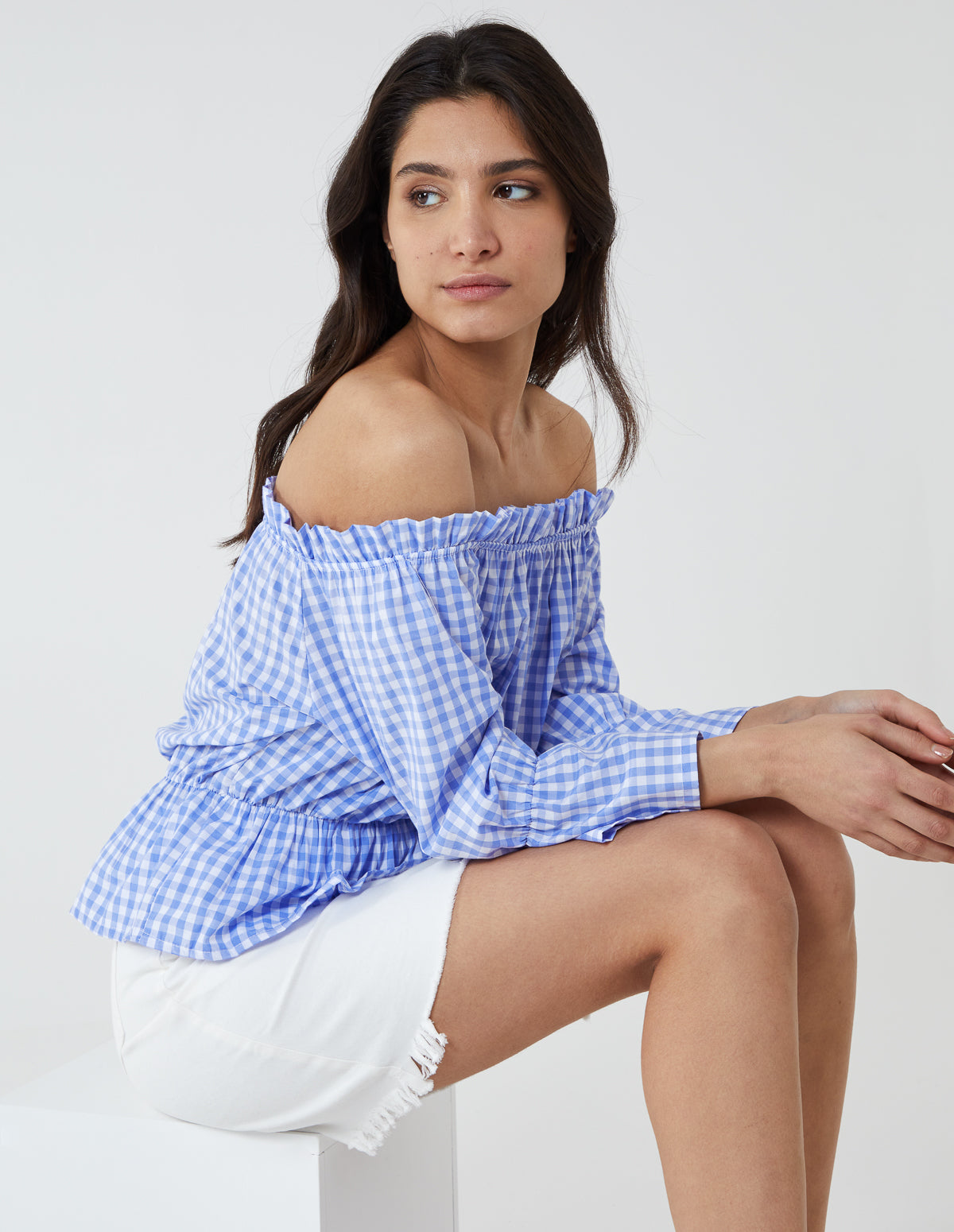 ROSANNA - Gingham Bardot Peplum Hem Top 