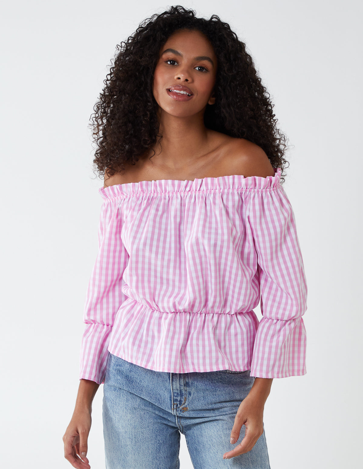 ROSANNA - Gingham Bardot Peplum Hem Top 