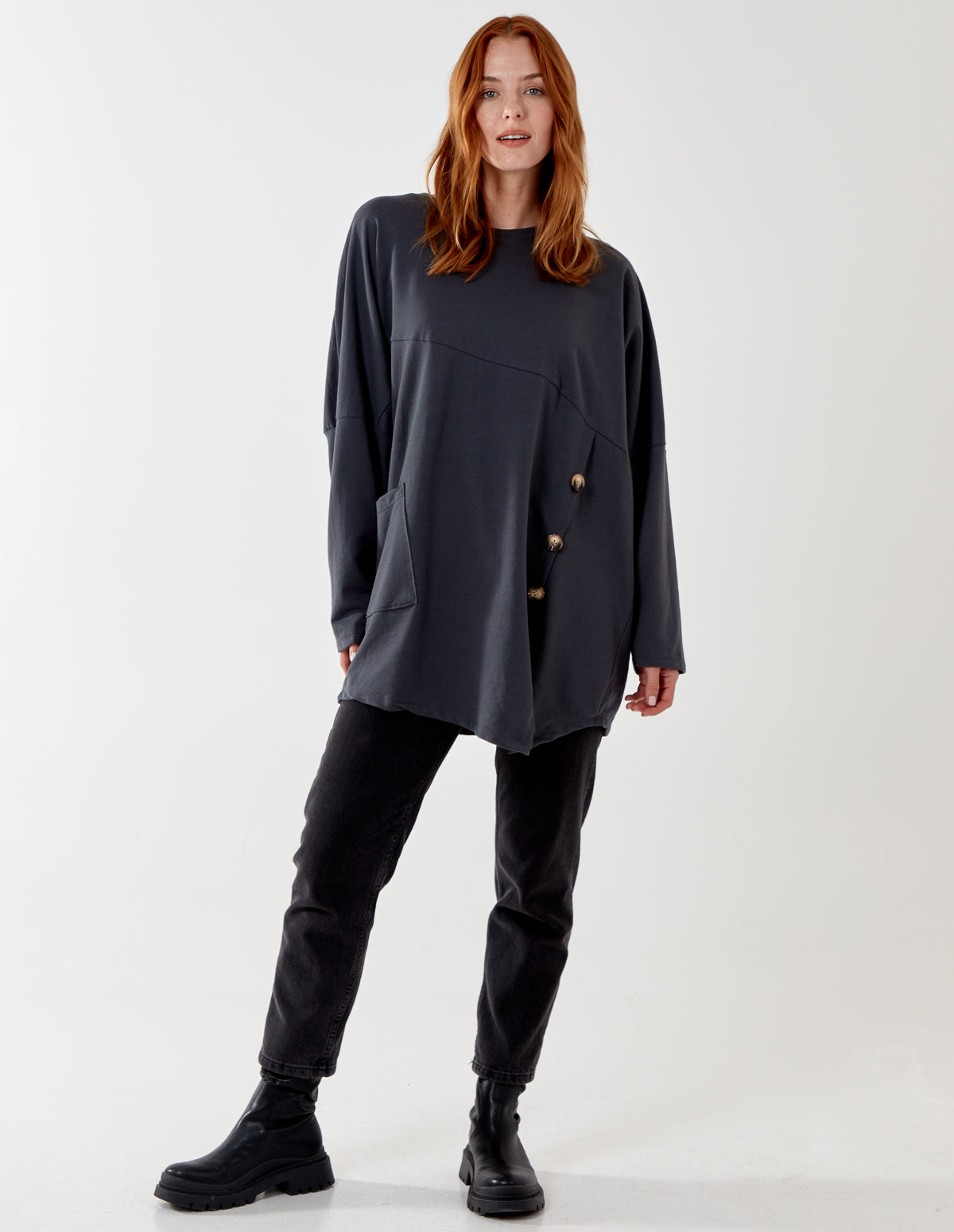 NAOMI - 3 Buttons Pockets Sweat Tunic - ONE / Slate