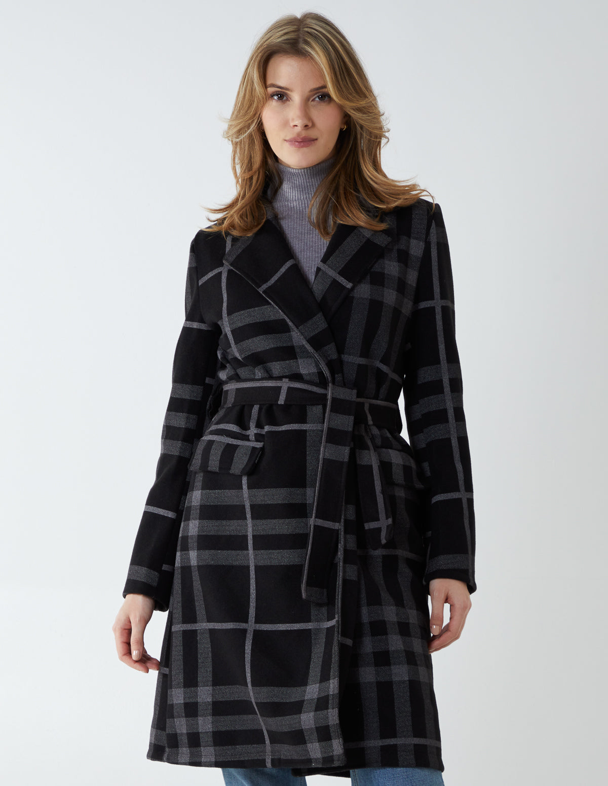 Checked Belted 3/4 Length Wrap Coat 