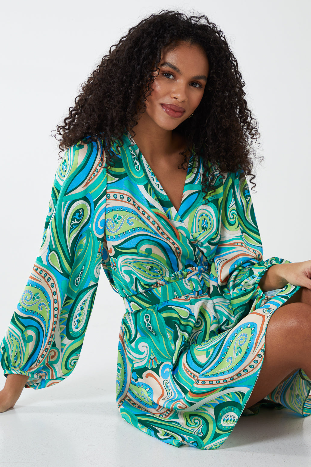 Paisley Print Wrap Front Dress - ONE / GREEN