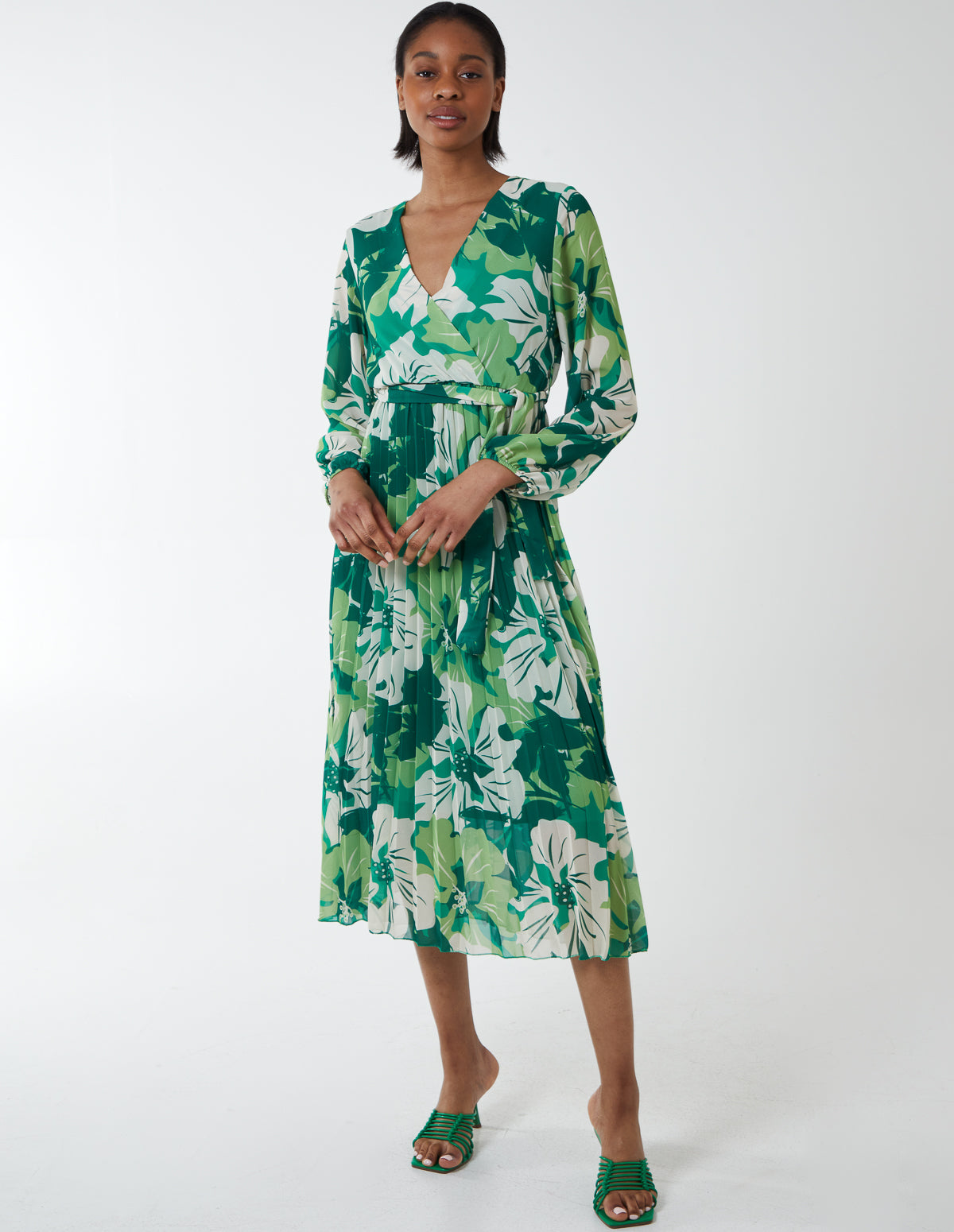 Floral Sketch Print Dress - S/M / GREEN