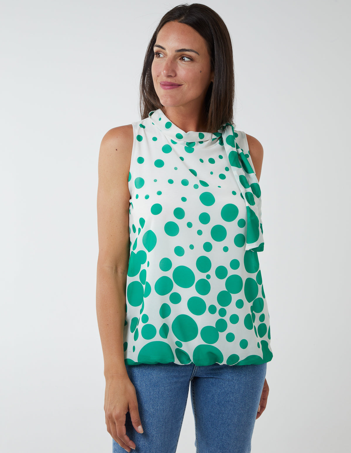 HAREEM - Sleeveless Polka Dot Top With Tie Neck 