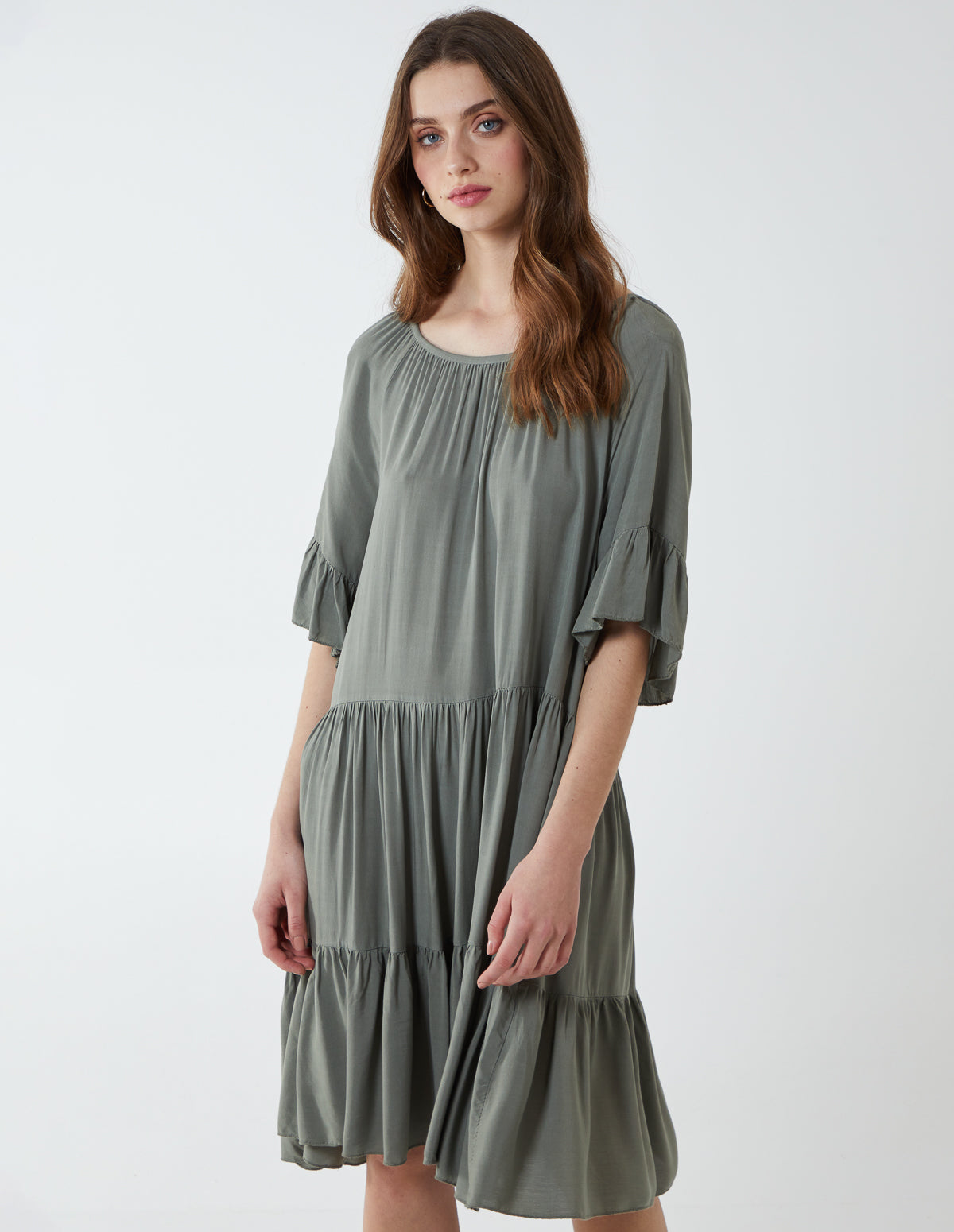 LISA - Scoop Neck Tiered Dress - O/S / KHAKI