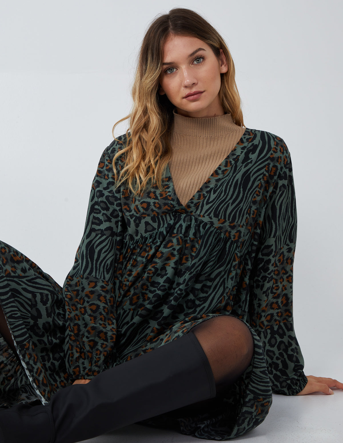 Animal Print Tiered Long Sleeve Dress 