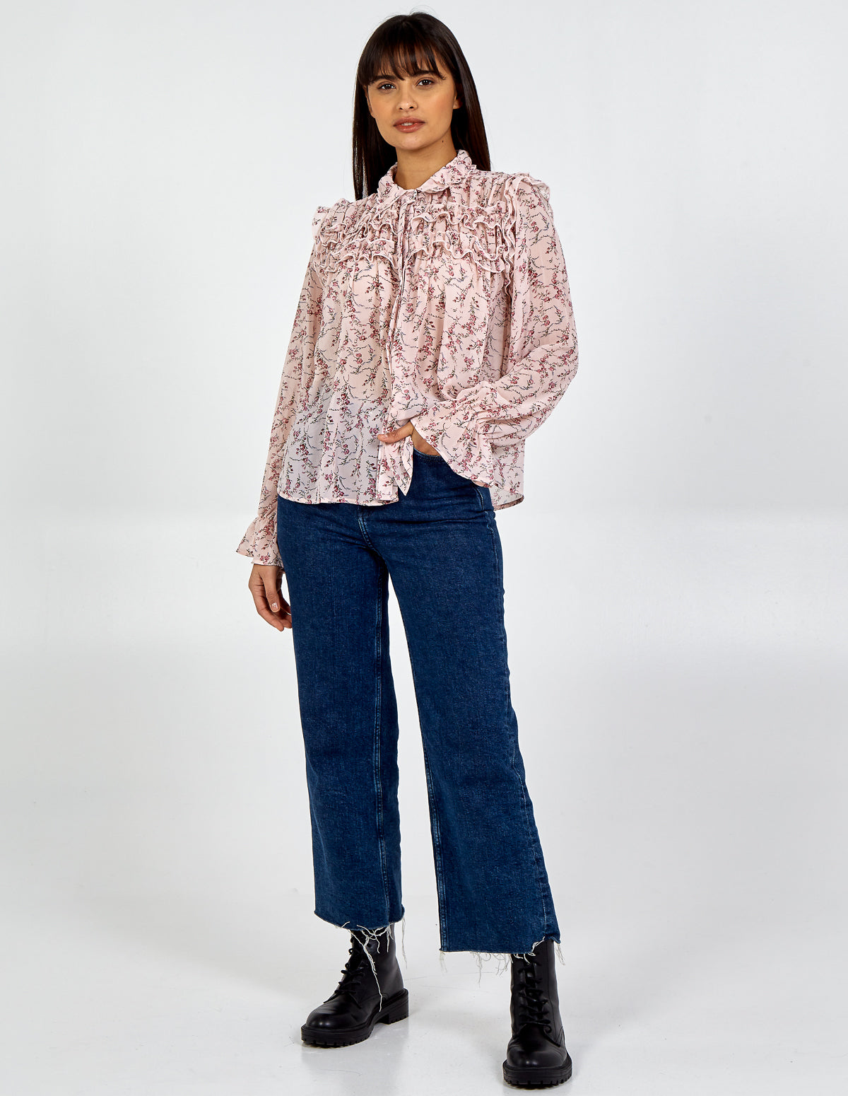 EDIE - Floral Print Button Through Ruffle Shirt 