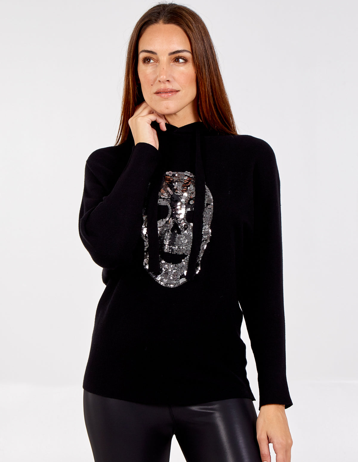 ALIZA - Sequin Skull Hooded Long Sleeve Jumper - ONE / BLACK