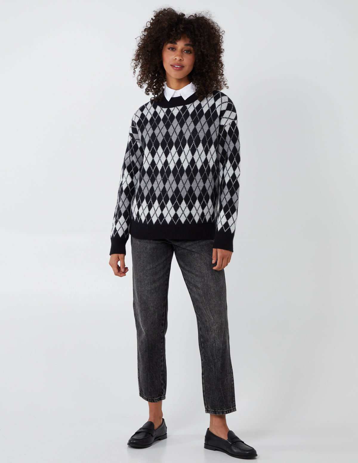 ROSE - Argyle Pattern Crewneck Jumper - S-M / BLACK/GREY