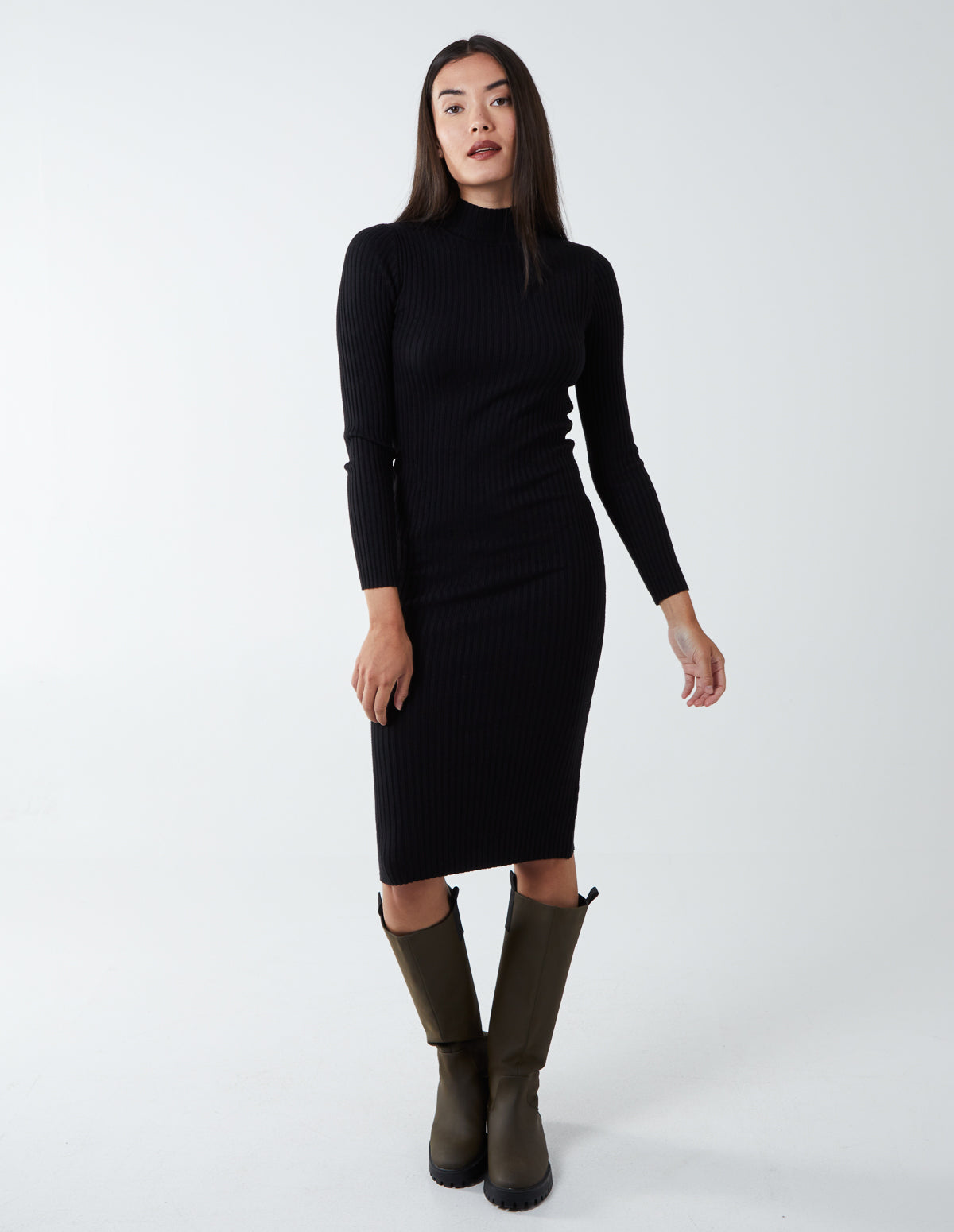 Turtle Neck Ribbed Bodycon Dress 