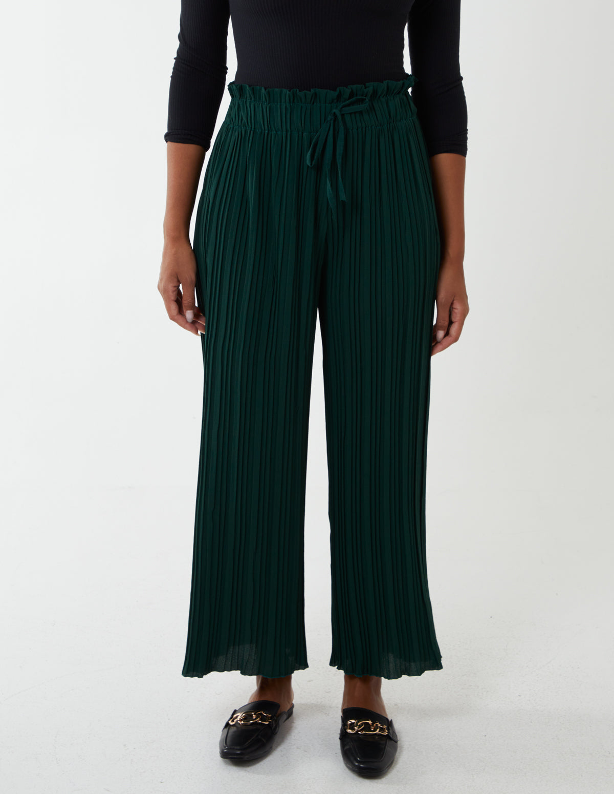 Wide Leg Pleated Trousers - S / Bottle Green