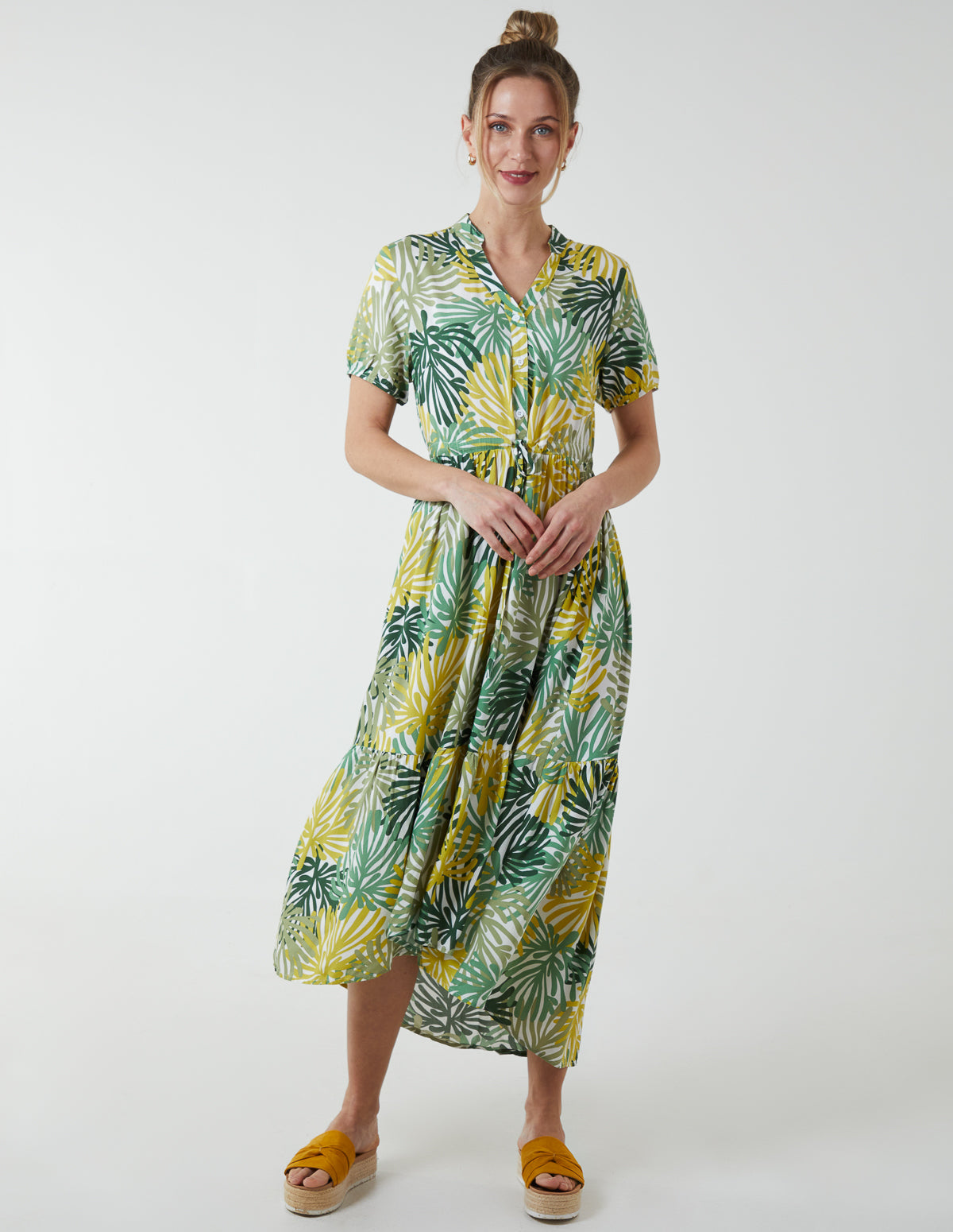 Tropical Palm Asymmetric Hem Dress - 10 / GREEN