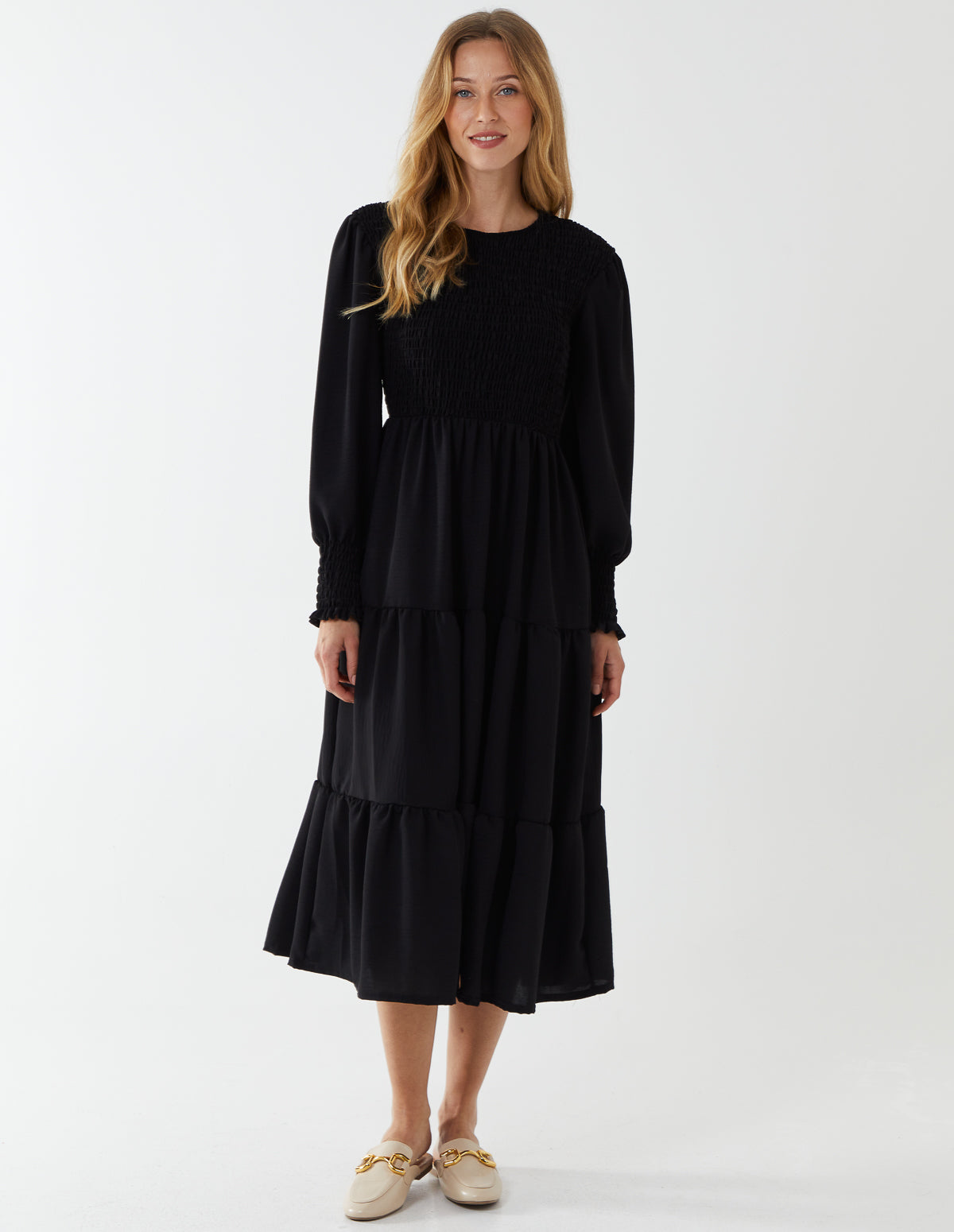 Gathered Bust Long Sleeve Tiered Dress 