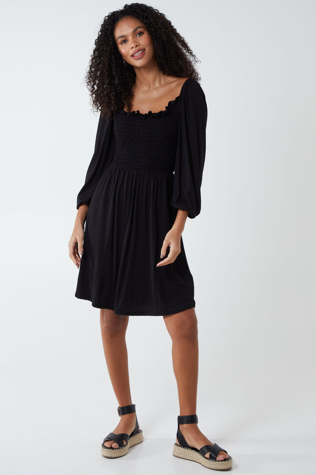 HATTIE - Square Neck Gathered Bust Jersey Dress 