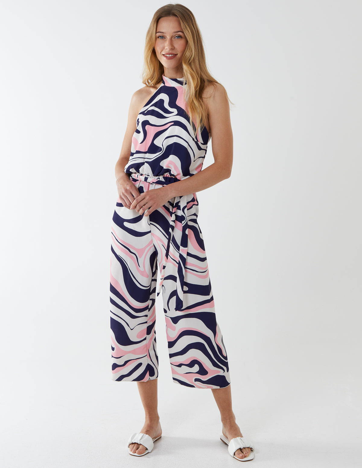 FRANCES - Halter Neck Culotte Suit - 8 / BLUE PATTERN