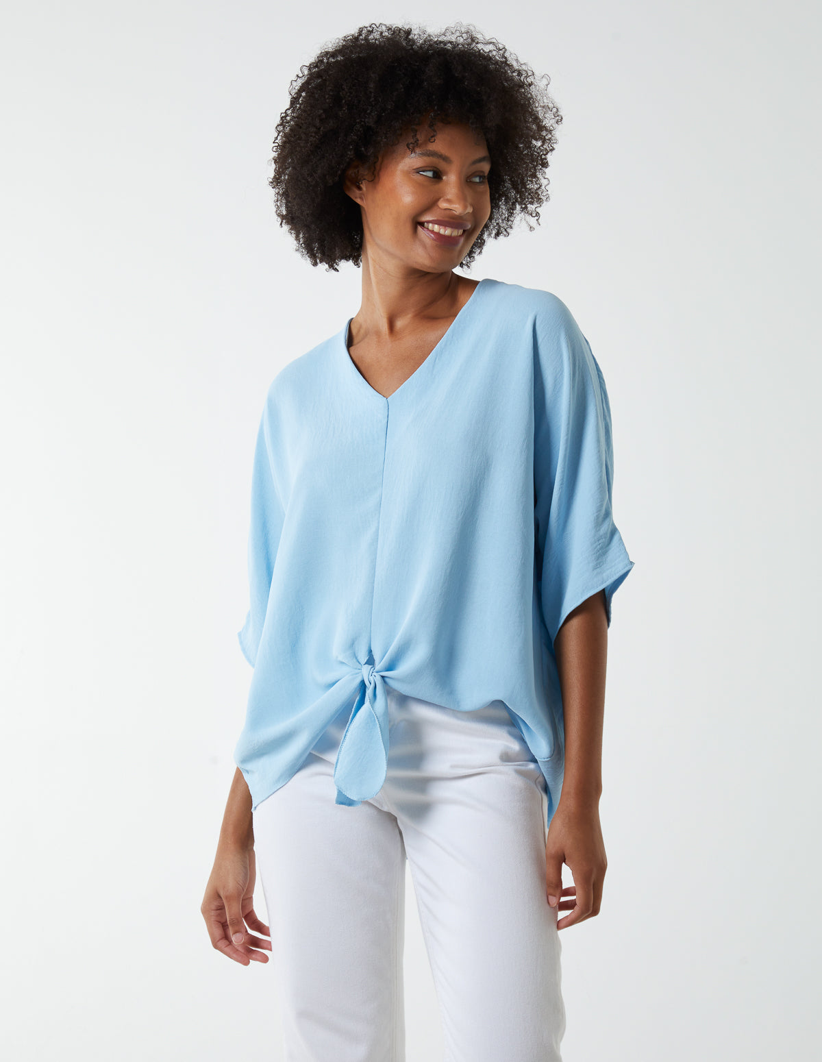 V Neck Tie Front Blouse 