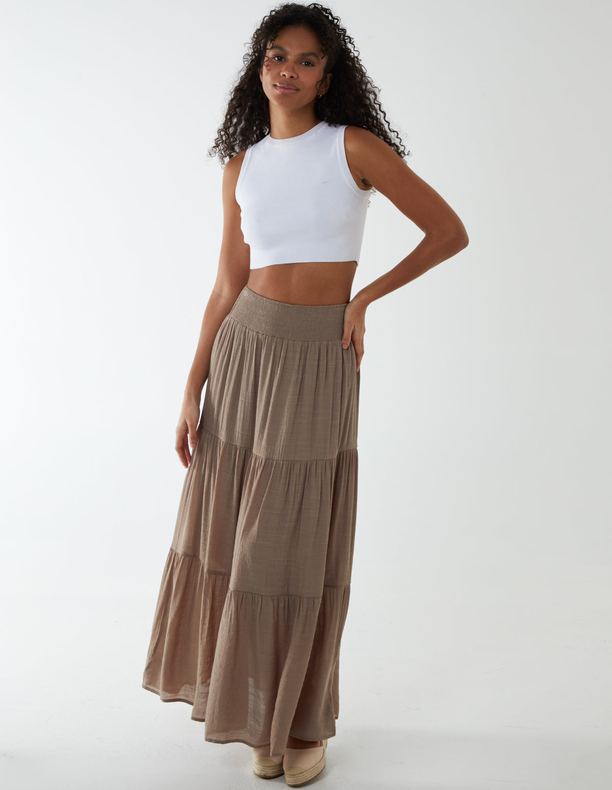Shirring Waist Tiered Maxi Skirt 